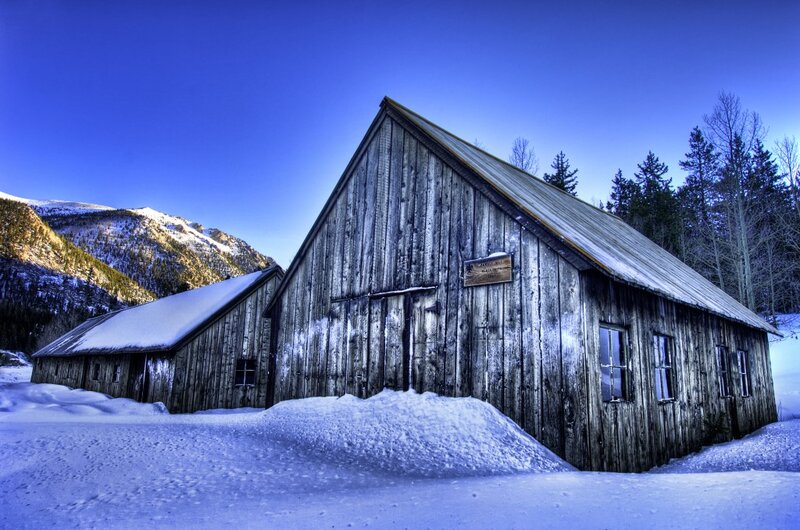 Wooden Barn in Snow — Blue