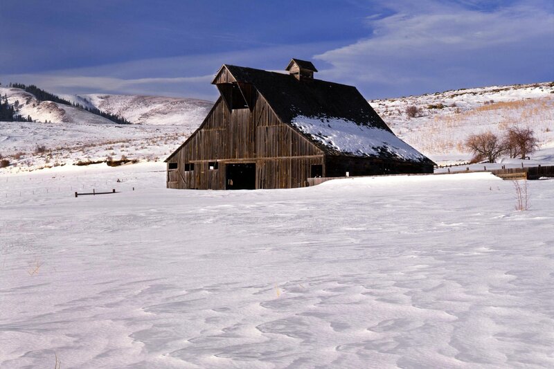 Wooden Barn in Snow — White, Serene, Winter, Photograph