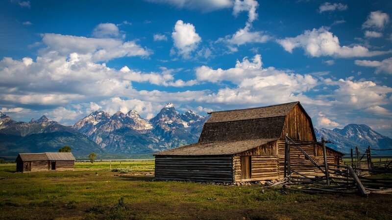 Wooden Barns in Field — Blue, Serene