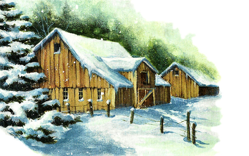 Wooden Barns in Snow