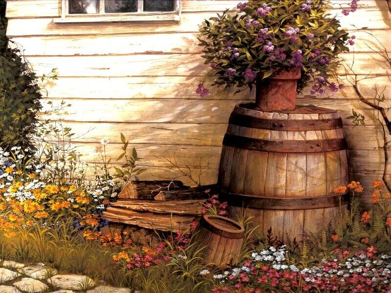 Wooden Barrel with Flowers