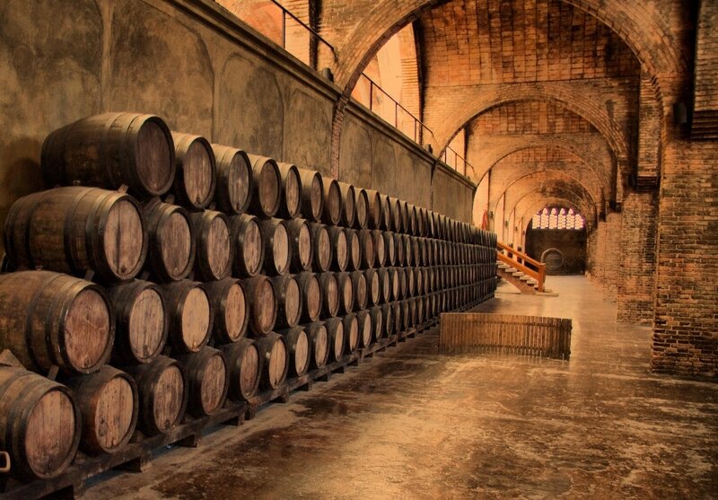 Wooden Barrels in Cellar — Brown, Dramatic, Photograph, Brick Arches