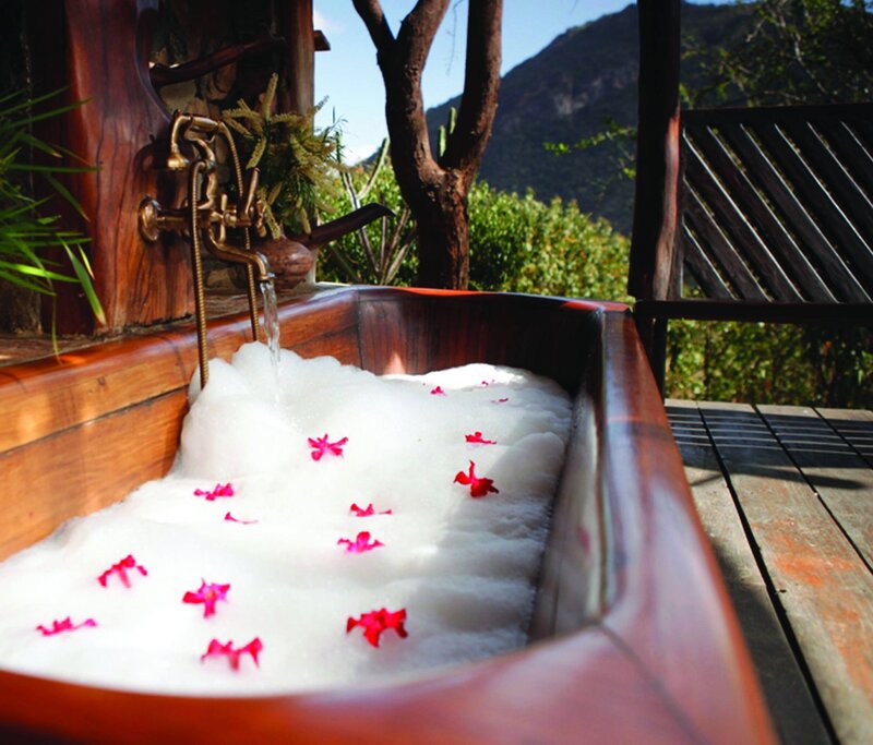 Wooden Bathtub with Flowers