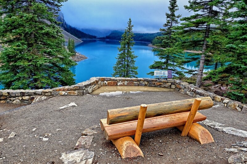 Wooden Bench at Lake — Blue