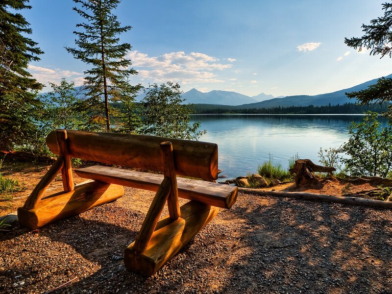 Wooden bench by a lake