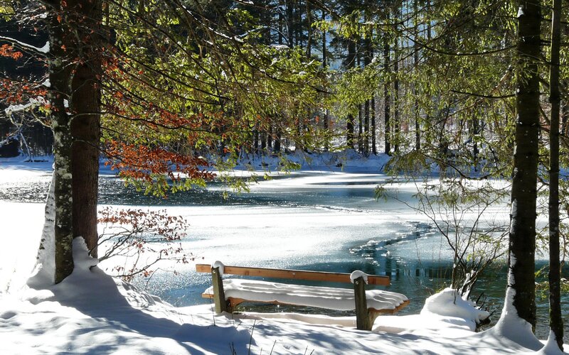 Wooden Bench by Frozen Lake
