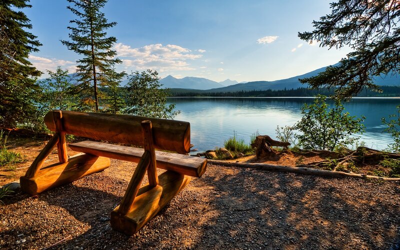 Wooden Bench by Lake — Blue, Afternoon