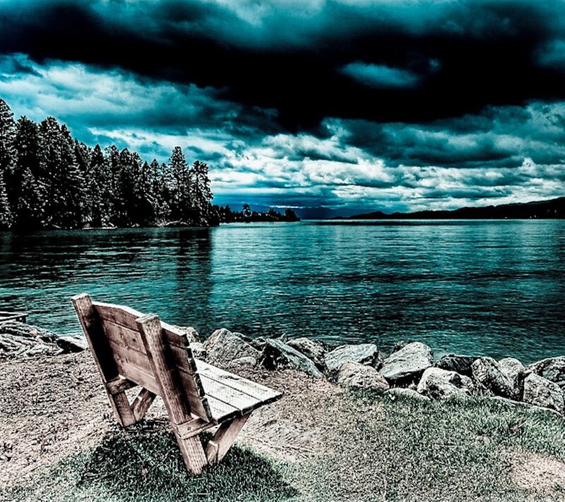 Wooden Bench by Lake — Blue, Dramatic