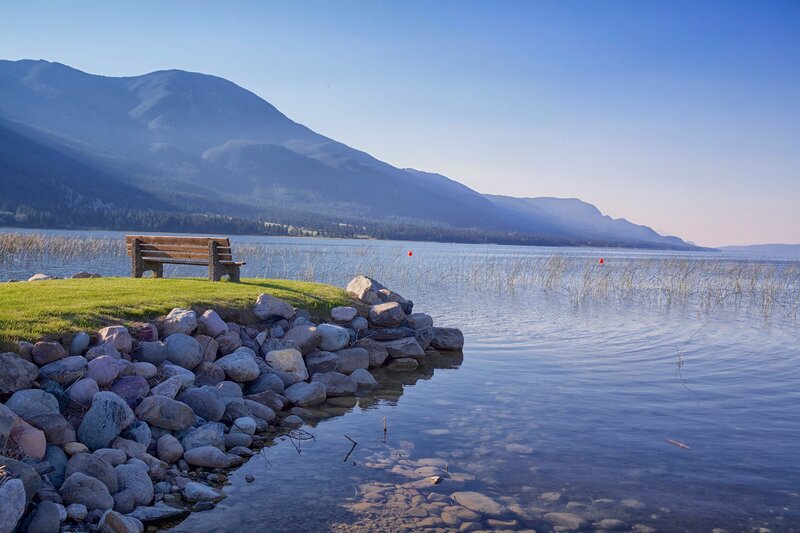 Wooden Bench by Lake — Blue, Serene, Morning, Photograph