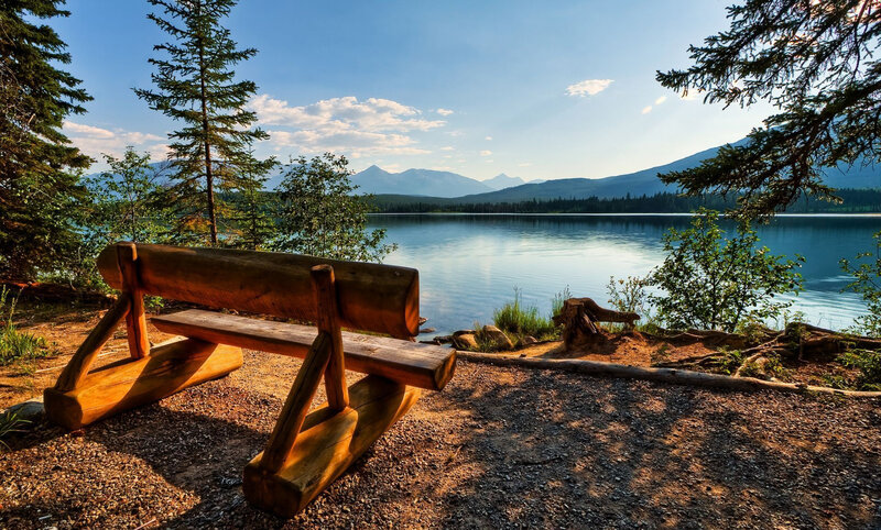 Wooden Bench by Lake — Blue, Serene