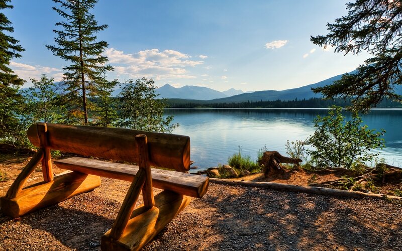 Wooden Bench by Lake — Blue