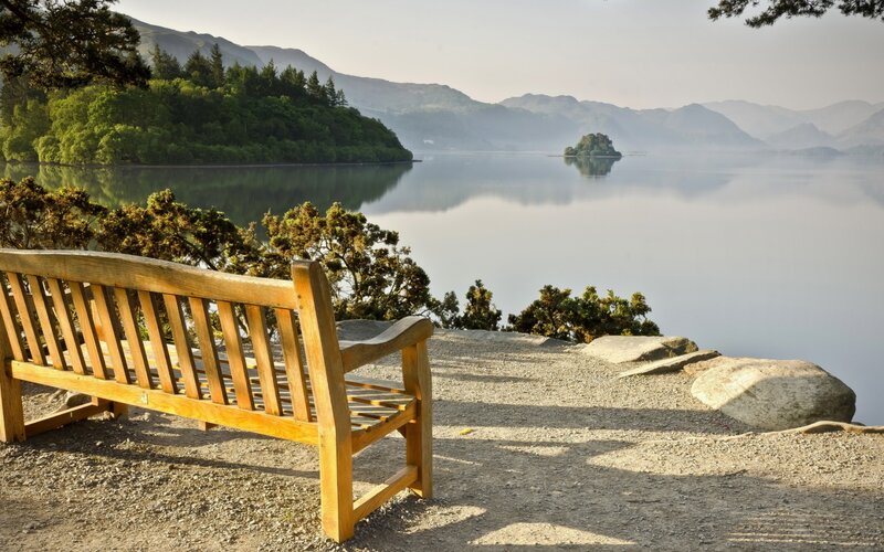 Wooden Bench by Lake — Brown, Serene