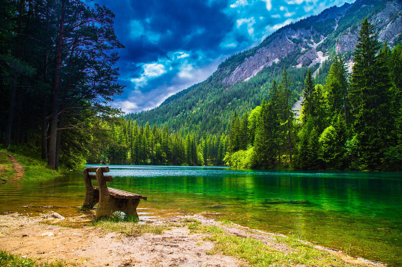 Wooden Bench by Lake — Green, Dramatic, Afternoon, Photograph, Mountain