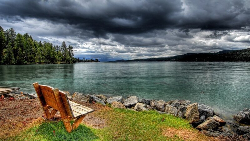 Wooden Bench by Lake — Green, Dramatic, Afternoon, Photograph, Trees, Rocks