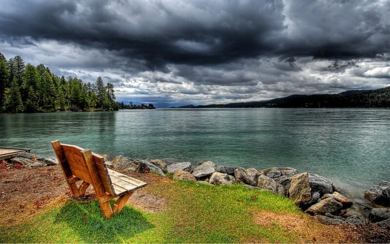 Wooden Bench by Lake — Green, Dramatic