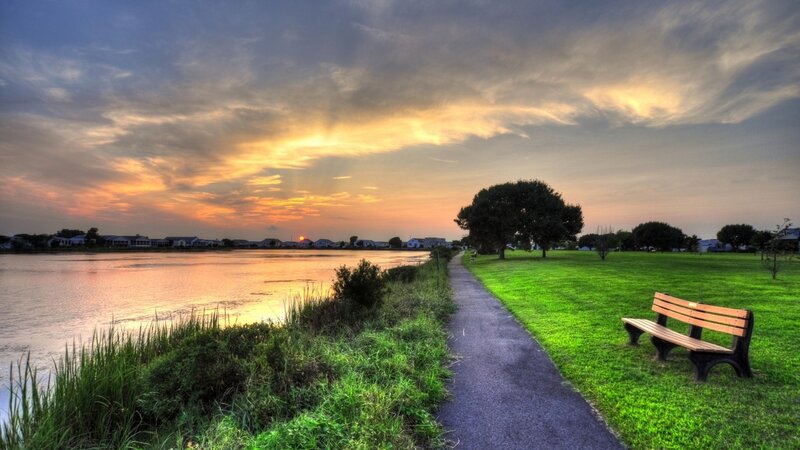 Wooden Bench by Lake — Green, Serene, Sunset, Photograph, Path