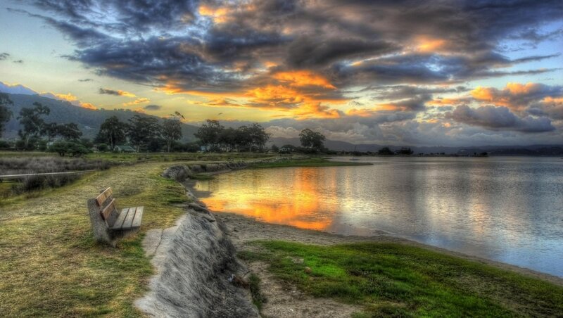 Wooden Bench by Lake — Orange, Dramatic