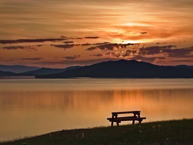 Wooden Bench by Lake — Orange, Serene, Sunset