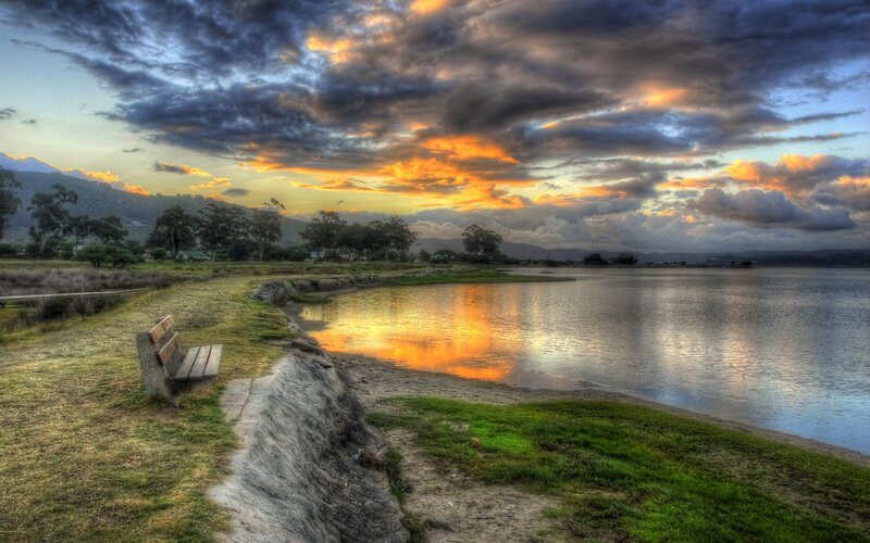 Wooden Bench by Lake — Orange