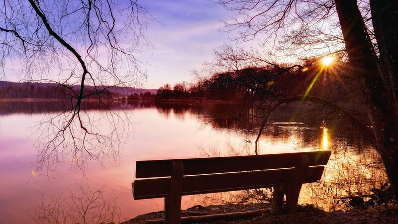 Wooden Bench by Lake — Purple, Serene, Sunset, Photograph