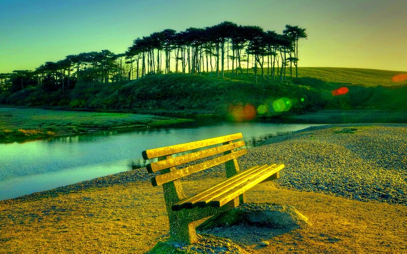 Wooden Bench by River — Green, Serene, Sunset