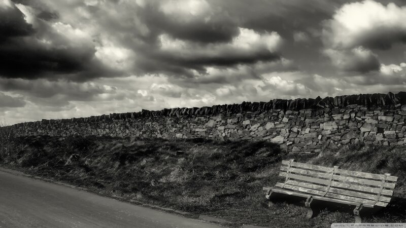 Wooden Bench by Stone Wall — Black