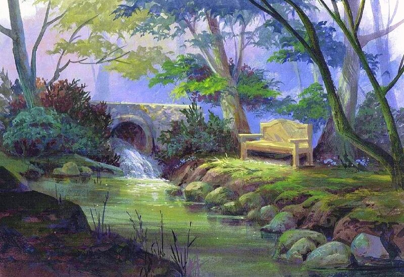 Wooden Bench by Stream