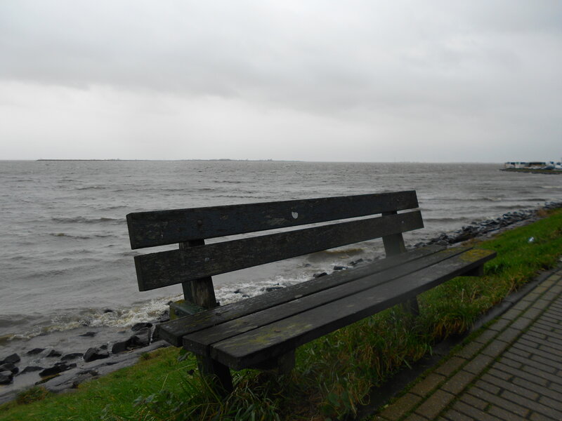 Wooden Bench by Water — Gray