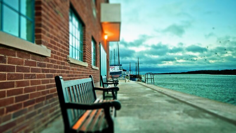 Wooden Bench by Water — Red