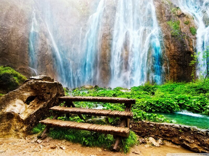 Wooden Bench by Waterfall — Blue