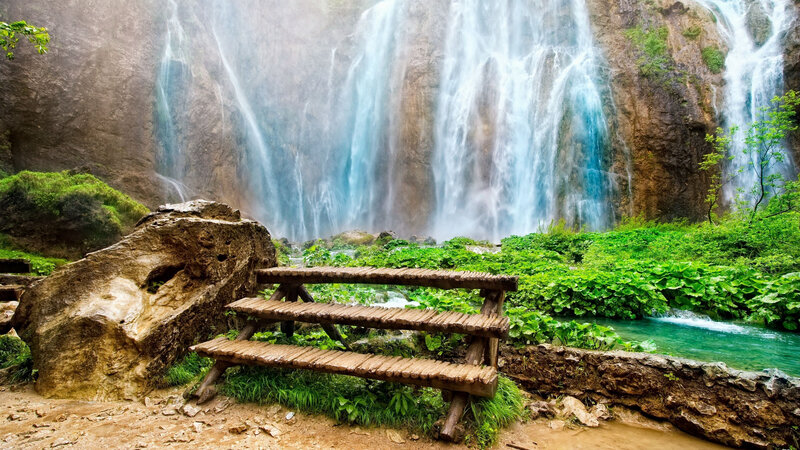 Wooden Bench by Waterfall — Green