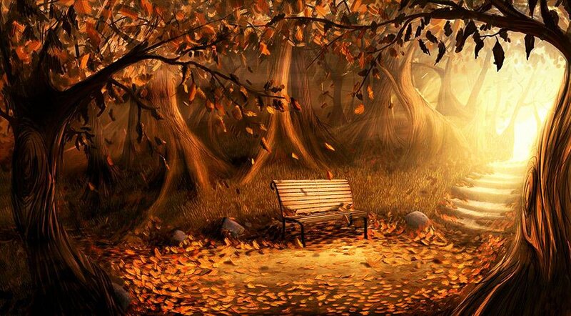 Wooden Bench in Forest — Brown, Serene, Autumn, Digital Art, Trees, Leaves, Path