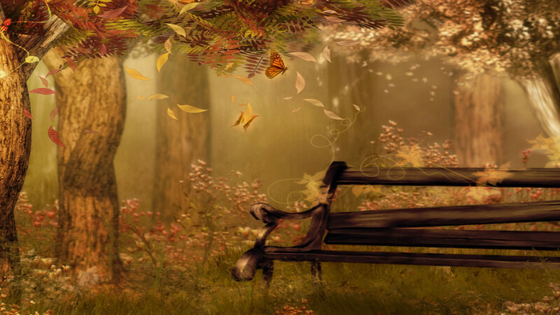 Wooden Bench in Forest — Brown, Serene, Autumn, Digital Art, Trees, Leaves