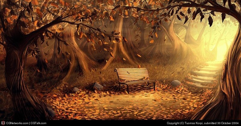 Wooden Bench in Forest — Brown, Serene, Autumn