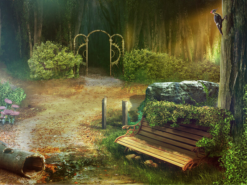 Wooden Bench in Forest — Green, Serene, Afternoon, Digital Art