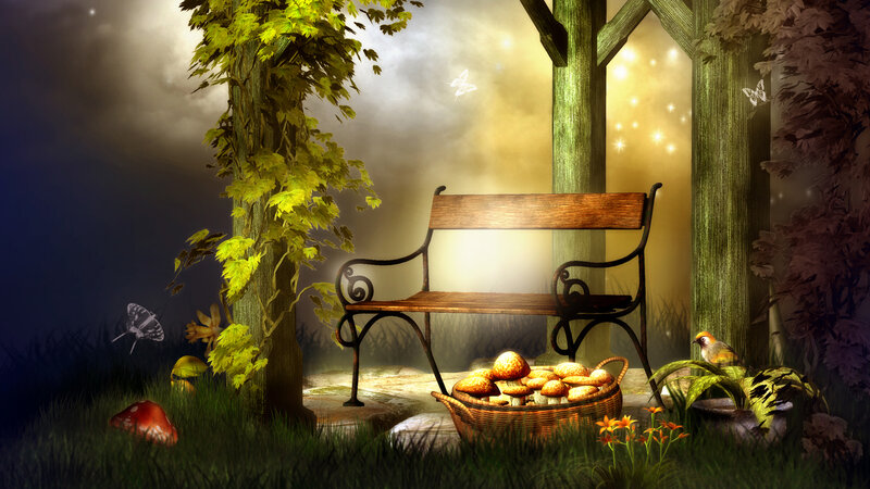 Wooden Bench in Forest — Green, Serene, Night, Digital Art, Mushrooms