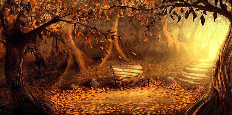 Wooden Bench in Forest — Orange, Serene, Autumn