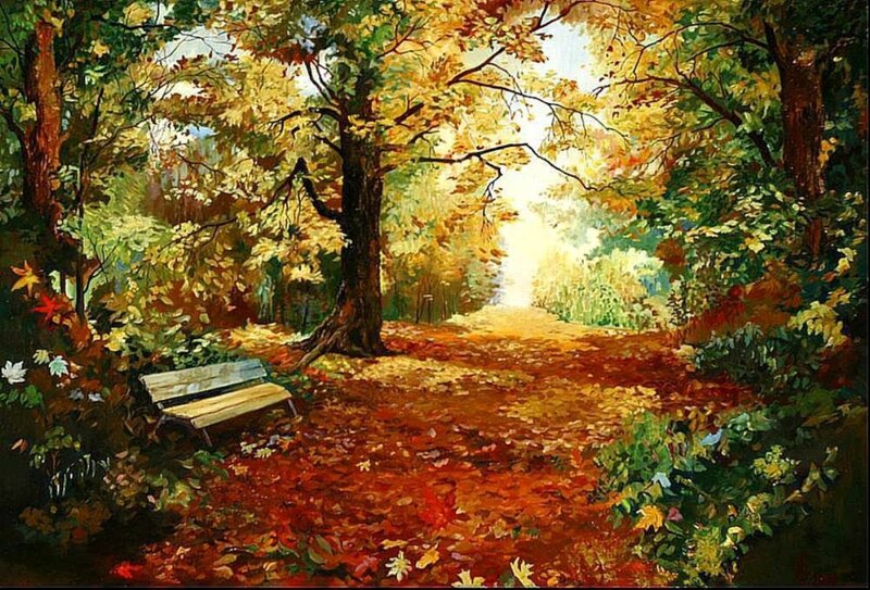 Wooden Bench in Forest — Yellow, Serene, Autumn, Painting