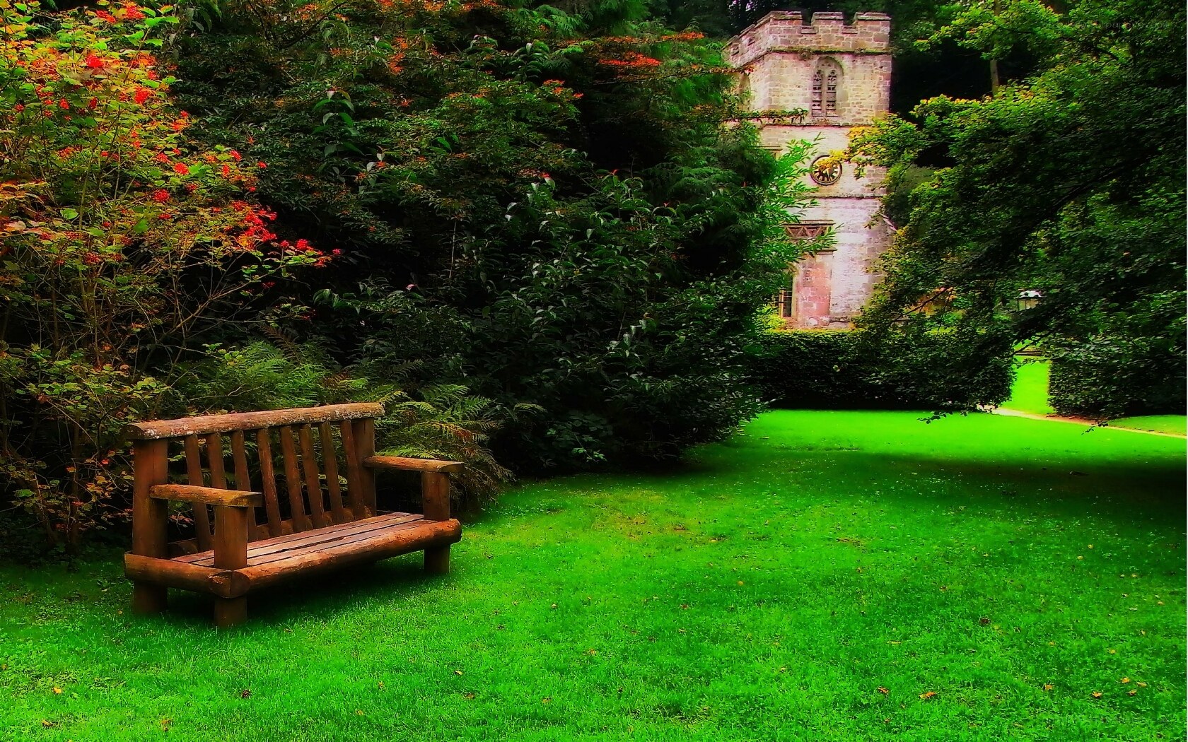 Wooden bench in garden