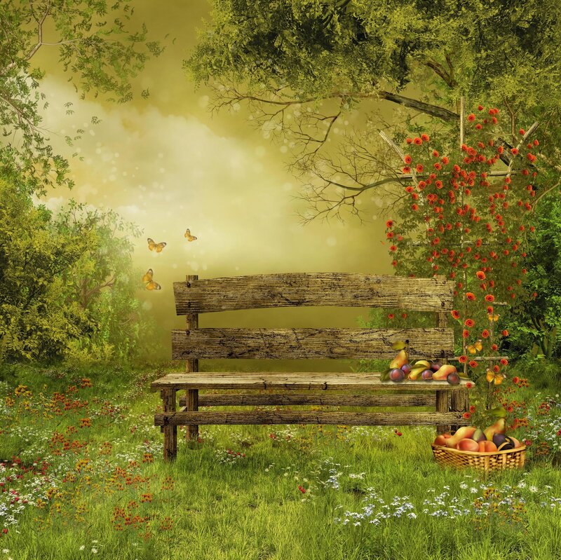 Wooden Bench in Garden — Green, Serene, Afternoon, Digital Art, Butterflies