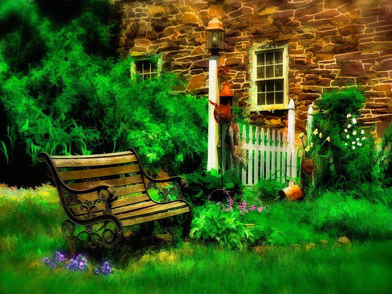 Wooden Bench in Garden — Green, Serene, Afternoon, Digital Art
