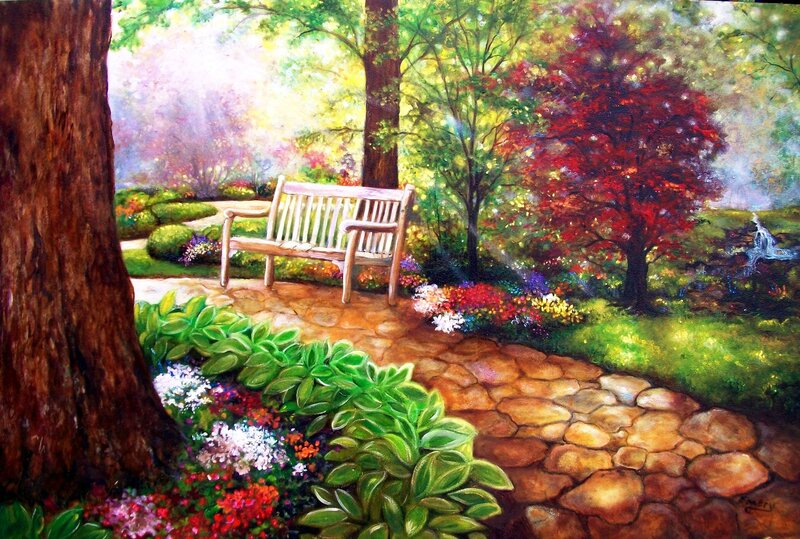 Wooden Bench in Garden — Green, Serene, Afternoon, Painting, Tree, Path