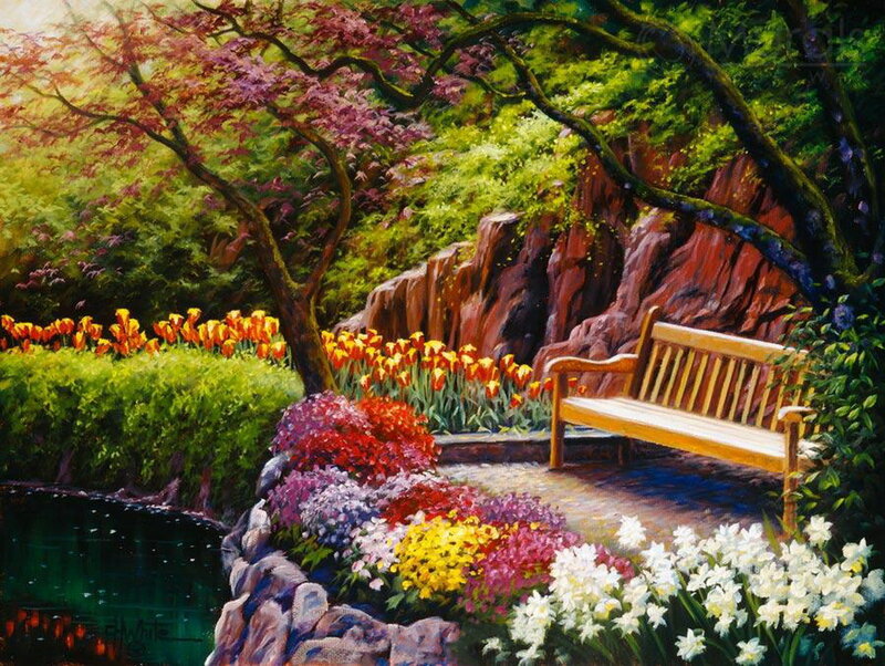 Wooden Bench in Garden — Green, Serene, Spring, Painting