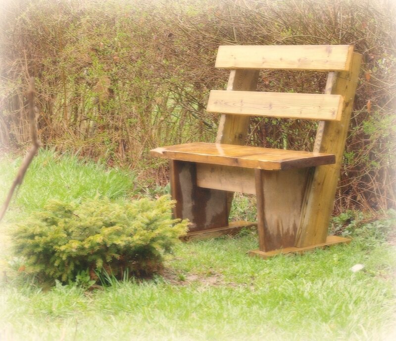 Wooden Bench in Garden — Green, Serene, Spring, Photograph