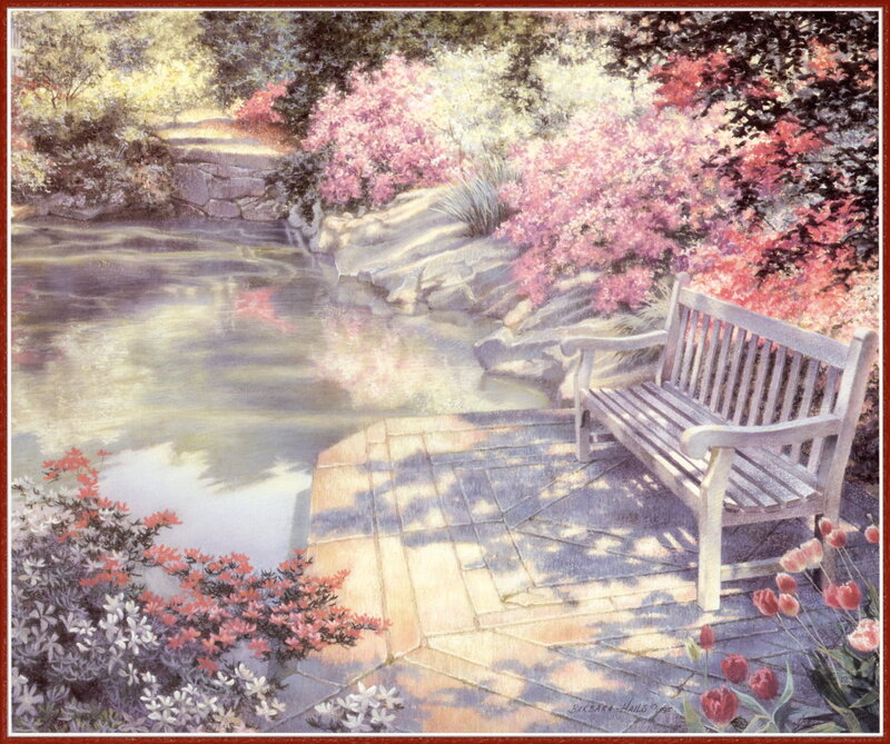 Wooden Bench in Garden — Pink, Serene, Spring