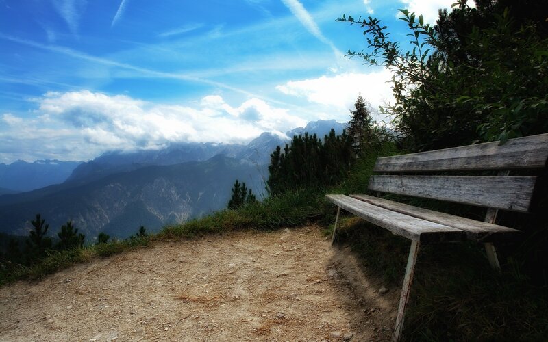 Wooden Bench in Mountains — Blue, Serene, Afternoon, Photograph, Sky