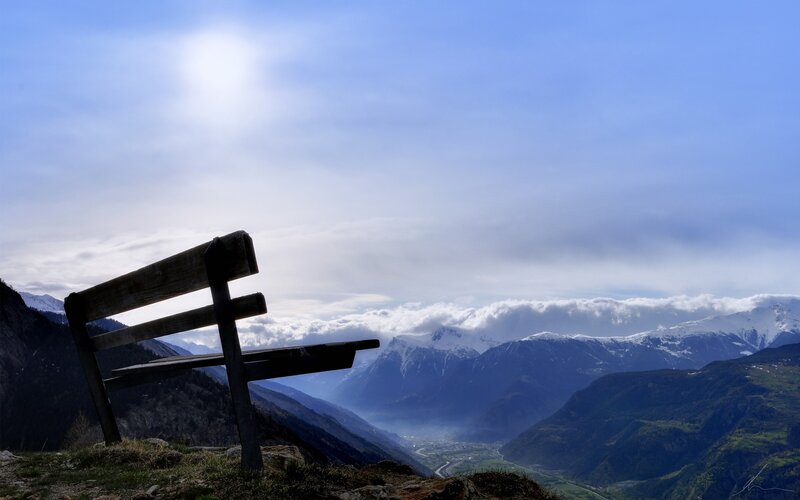 Wooden Bench in Mountains — Blue, Serene, Afternoon, Photograph, Valley