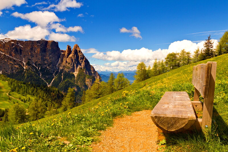Wooden Bench in Mountains — Blue, Serene