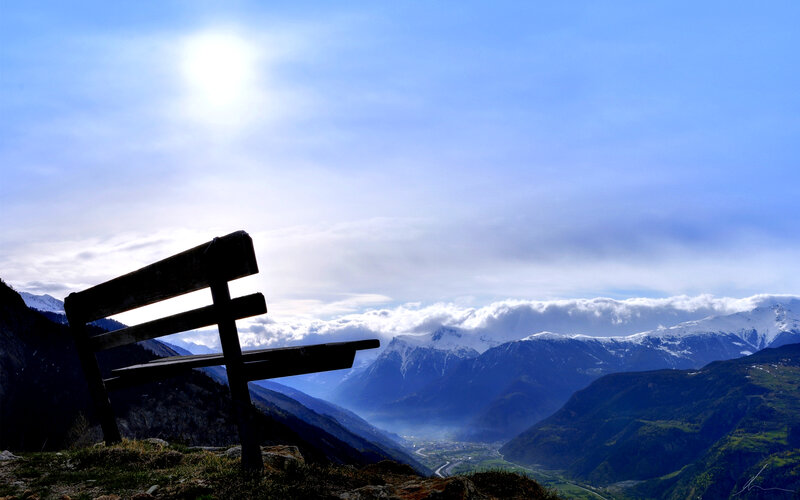 Wooden Bench in Mountains — Blue