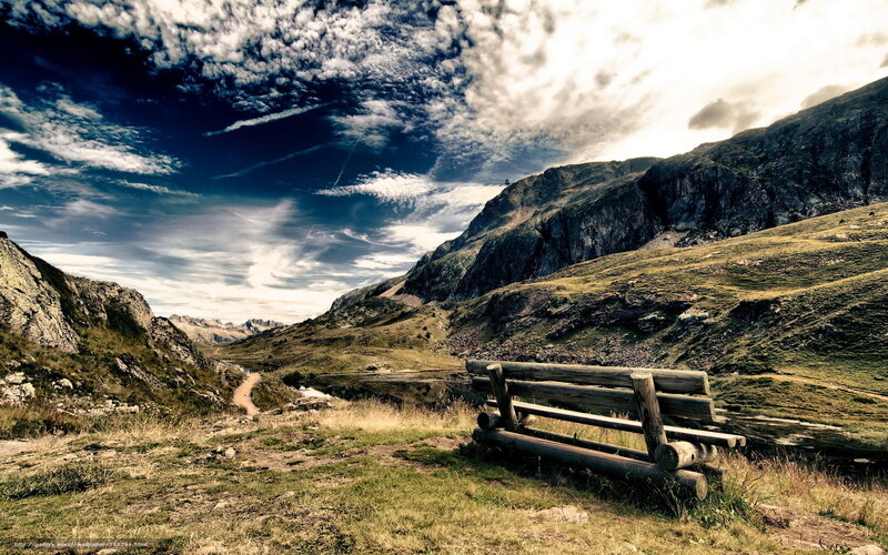 Wooden Bench in Mountains — Green, Dramatic, Afternoon, Photograph, Path